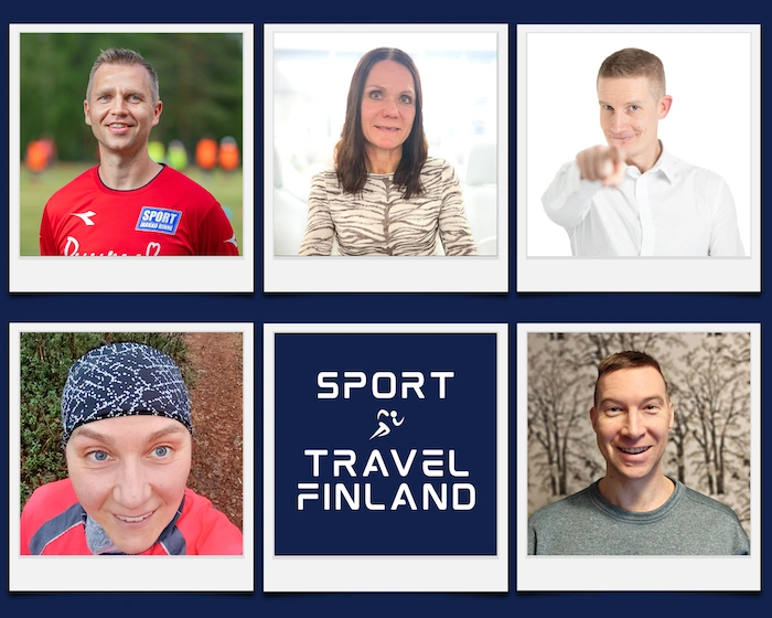 Kahdessa rivissä on yhteensä viisi henkilökuvaa ja alarivin keskimmäisenä kuvana Sport & Travel Finland yhdistyksen logo.