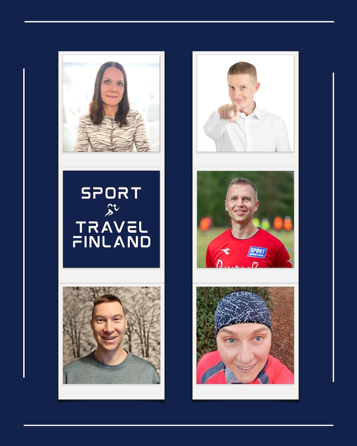 Sport & Travel Finland yhdistyksen jäsenet ja yhdistyksen logo.