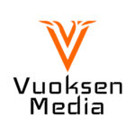 Vuoksen Media yrityksen logo, jossa oranssi V-kirjain ja musta Vuoksen Media teksti. 